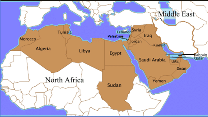 Middle East Map where Arabic is the official language